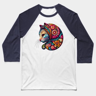 Neon Babushka Cat - Flowery Colorful Kitty Cat Head Profile Baseball T-Shirt